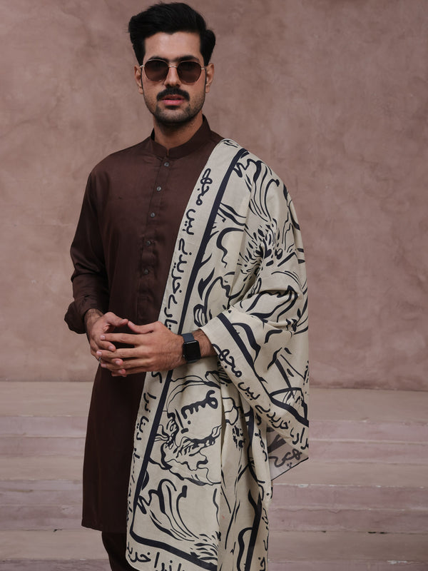 Doodle Art Lawn Stole (Men-Beige)